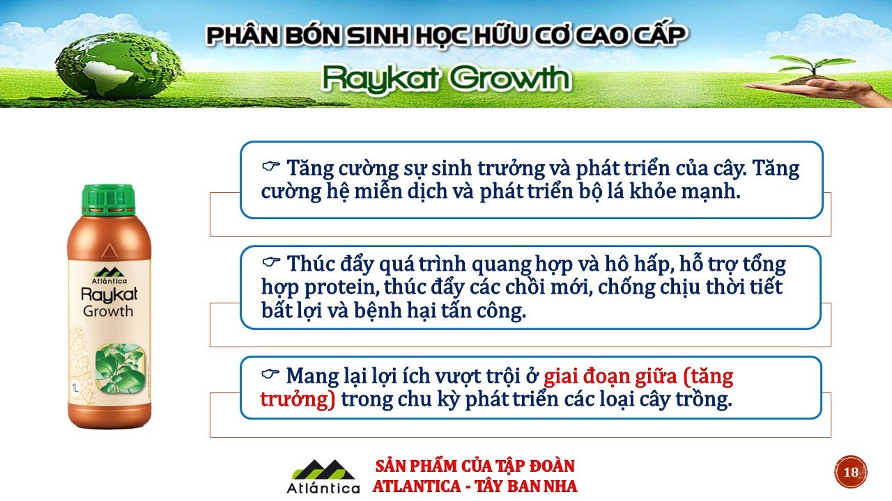 Phân bón sinh học hữu cơ cao cấp Raykat Growth - Chai 1 lít